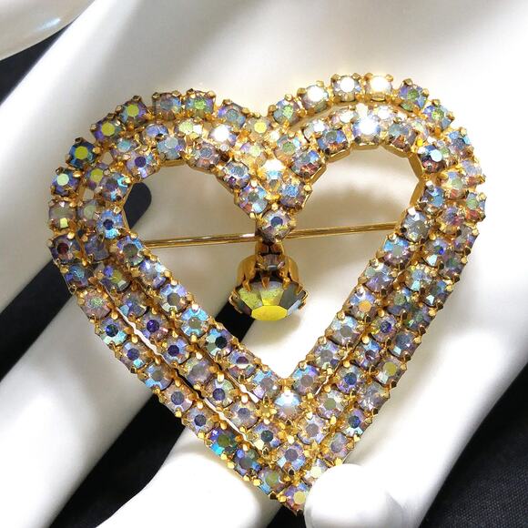 Aurora Borealis Heart Brooch, AB Rhinestone Dangle, 1960s Vintage Jewelry - Picture 3 of 10